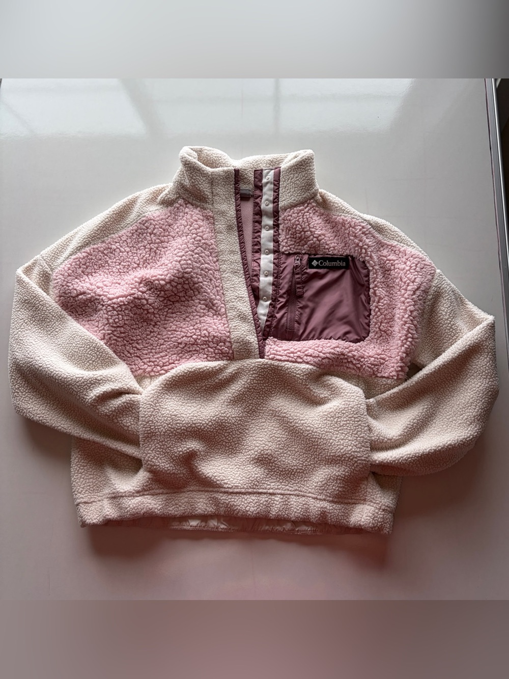 Columbia Lodge Sherpa Pullover pink women’s medium pockets cozy color block